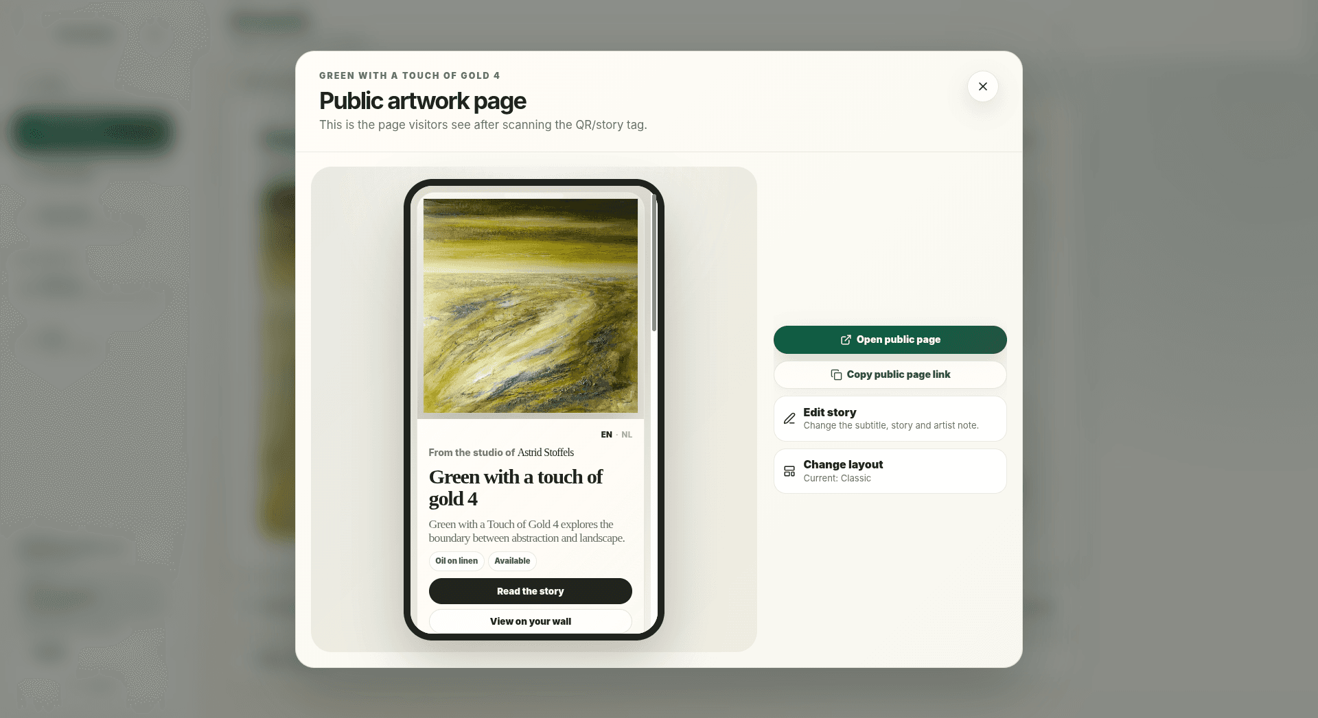 Preview van een openbare PieceStamp kunstwerkpagina