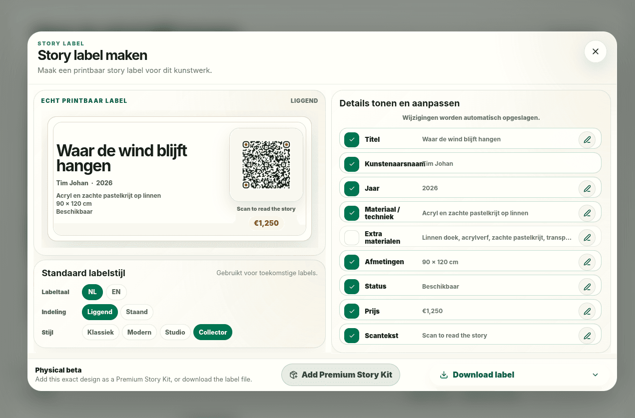 PieceStamp labelmaker met printbaar QR-storylabel