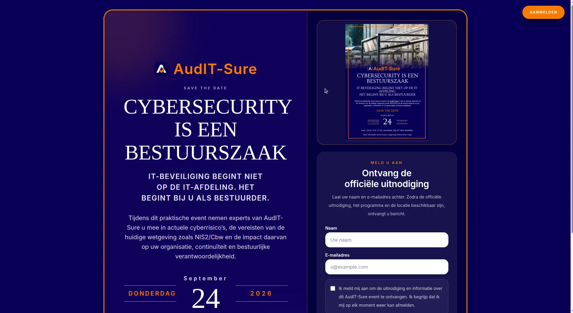 AudIT-Sure cybersecurity event page on desktop with registration form