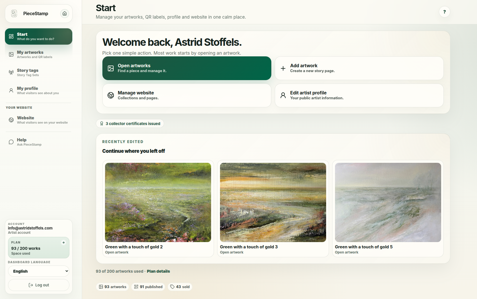 PieceStamp dashboard for artworks, labels, profile and website